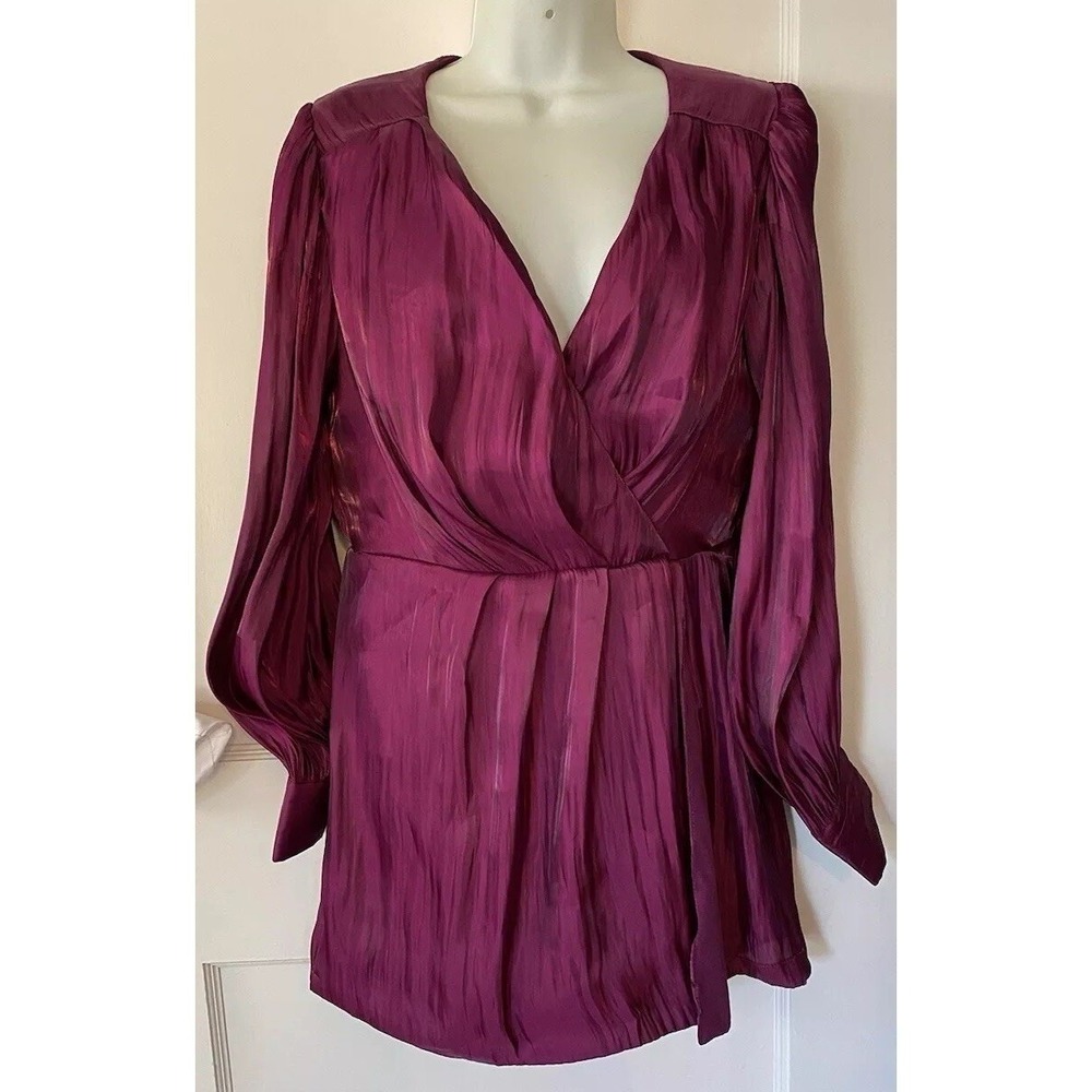 NWT DO+BE Women's Large Magenta Satin Wrap Mini Dress Long Sleeve Party Holiday